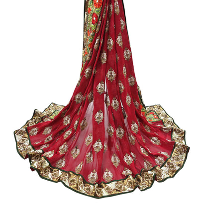 Indian Vintage Heavy Bridal Red Dupatta Pure Georgette Silk Long Stole Hand Embroidered Scarf Zardozi/Dabka Wedding red Hijab veil