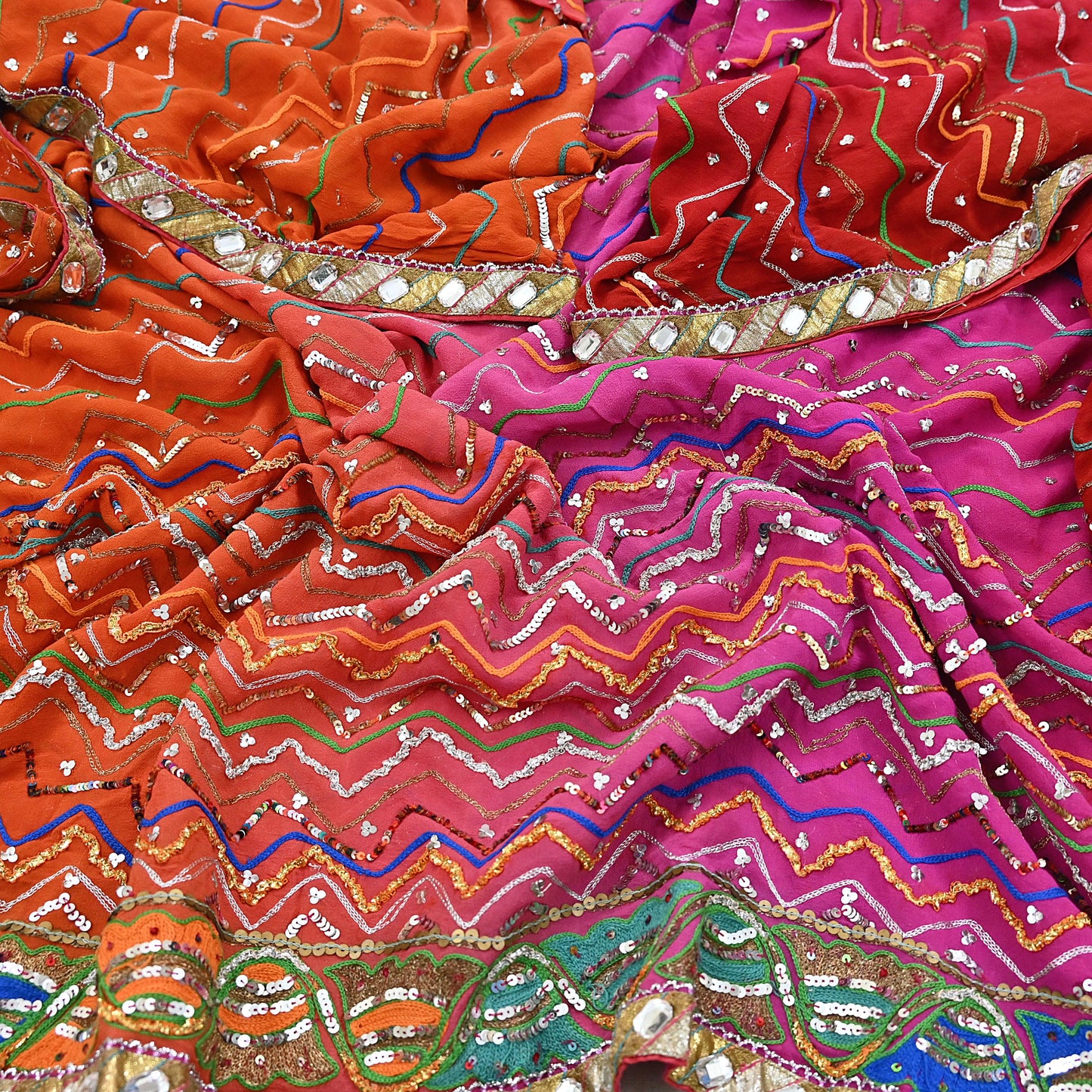 Indian Vintage Heavy Pink & orange Dupatta Pure Georgette Silk Long Stole Hand Embroidered Gota Patti Scarves Zardozi