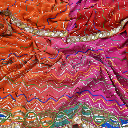 Indian Vintage Heavy Pink & orange Dupatta Pure Georgette Silk Long Stole Hand Embroidered Gota Patti Scarves Zardozi