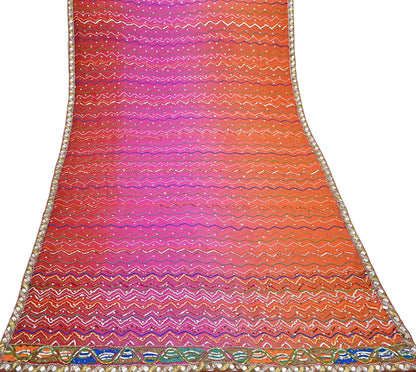 Indian Vintage Heavy Pink & orange Dupatta Pure Georgette Silk Long Stole Hand Embroidered Gota Patti Scarves Zardozi