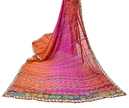 Indian Vintage Heavy Pink & orange Dupatta Pure Georgette Silk Long Stole Hand Embroidered Gota Patti Scarves Zardozi