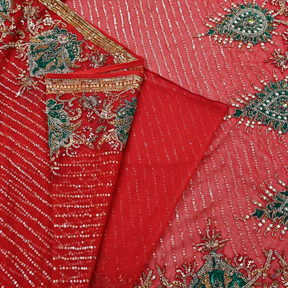 Indian Heavy Sari Dark Orange Net Hand Embroidered Sarees Craft Fabric 6Yd Sewing Soft Zardozi Wedding sarees With Blouse fabric