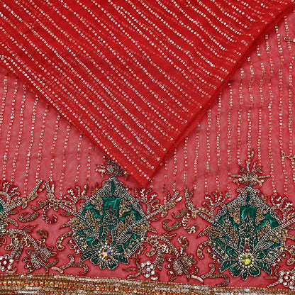Indian Heavy Sari Dark Orange Net Hand Embroidered Sarees Craft Fabric 6Yd Sewing Soft Zardozi Wedding sarees With Blouse fabric
