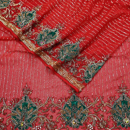 Indian Heavy Sari Dark Orange Net Hand Embroidered Sarees Craft Fabric 6Yd Sewing Soft Zardozi Wedding sarees With Blouse fabric
