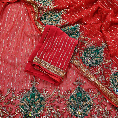 Indian Heavy Sari Dark Orange Net Hand Embroidered Sarees Craft Fabric 6Yd Sewing Soft Zardozi Wedding sarees With Blouse fabric