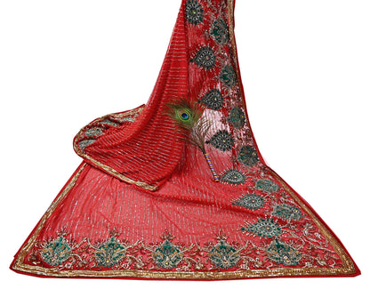 Indian Heavy Sari Dark Orange Net Hand Embroidered Sarees Craft Fabric 6Yd Sewing Soft Zardozi Wedding sarees With Blouse fabric