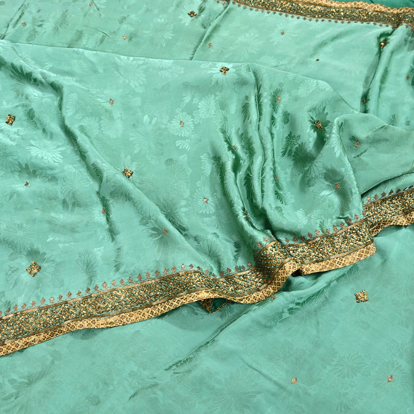 Indian Vintage Heavy Sari Sage Green Pure Crepe Silk Hand Embroidered Sarees Craft Fabric 6Yd Sewing Zardozi Dress making