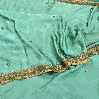 Indian Vintage Heavy Sari Sage Green Pure Crepe Silk Hand Embroidered Sarees Craft Fabric 6Yd Sewing Zardozi Dress making