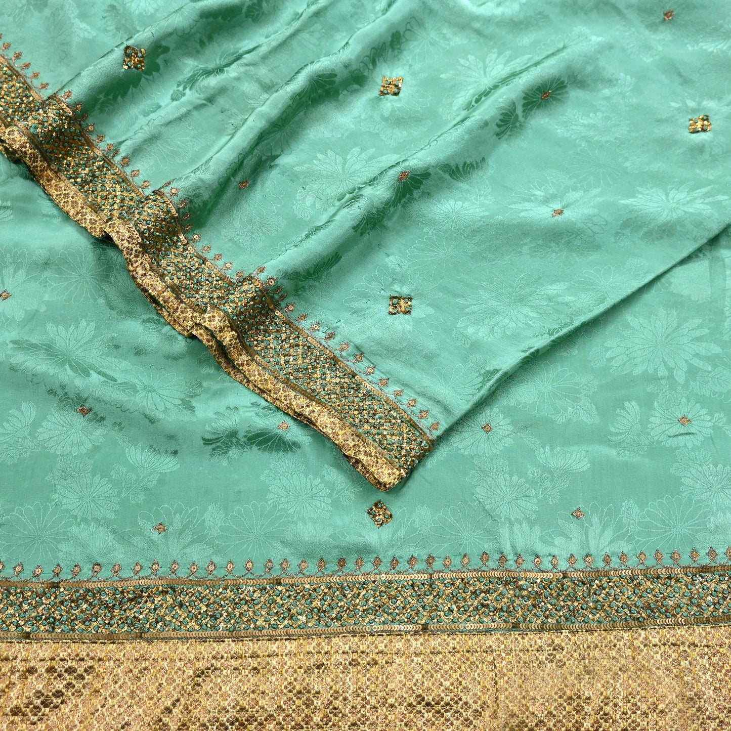 Indian Vintage Heavy Sari Sage Green Pure Crepe Silk Hand Embroidered Sarees Craft Fabric 6Yd Sewing Zardozi Dress making