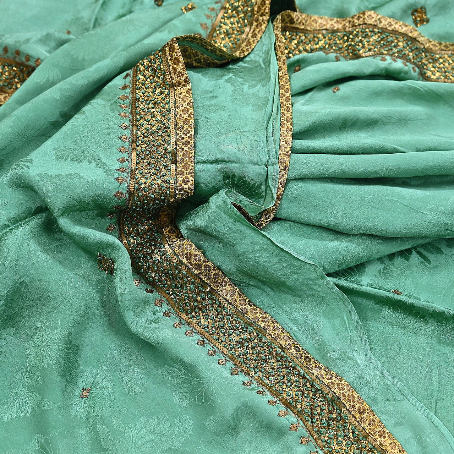 Indian Vintage Heavy Sari Sage Green Pure Crepe Silk Hand Embroidered Sarees Craft Fabric 6Yd Sewing Zardozi Dress making