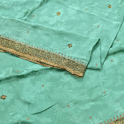 Indian Vintage Heavy Sari Sage Green Pure Crepe Silk Hand Embroidered Sarees Craft Fabric 6Yd Sewing Zardozi Dress making