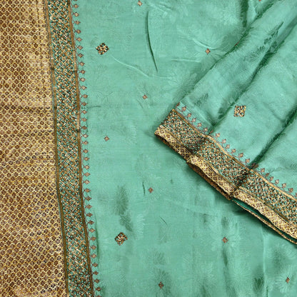 Indian Vintage Heavy Sari Sage Green Pure Crepe Silk Hand Embroidered Sarees Craft Fabric 6Yd Sewing Zardozi Dress making