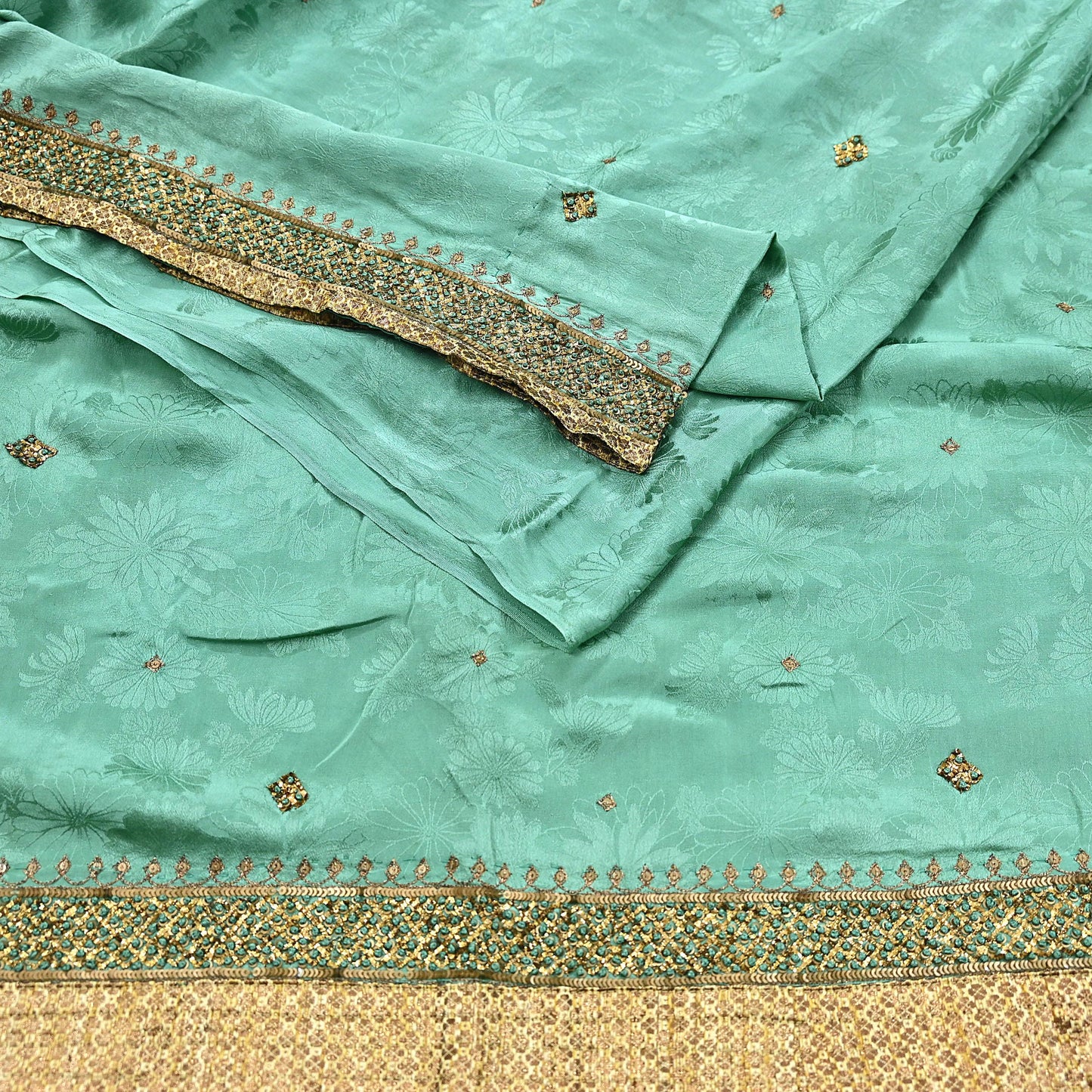 Indian Vintage Heavy Sari Sage Green Pure Crepe Silk Hand Embroidered Sarees Craft Fabric 6Yd Sewing Zardozi Dress making