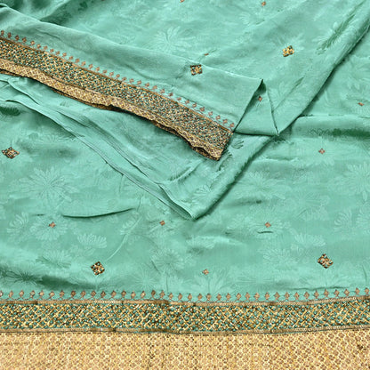 Indian Vintage Heavy Sari Sage Green Pure Crepe Silk Hand Embroidered Sarees Craft Fabric 6Yd Sewing Zardozi Dress making