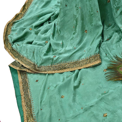 Indian Vintage Heavy Sari Sage Green Pure Crepe Silk Hand Embroidered Sarees Craft Fabric 6Yd Sewing Zardozi Dress making