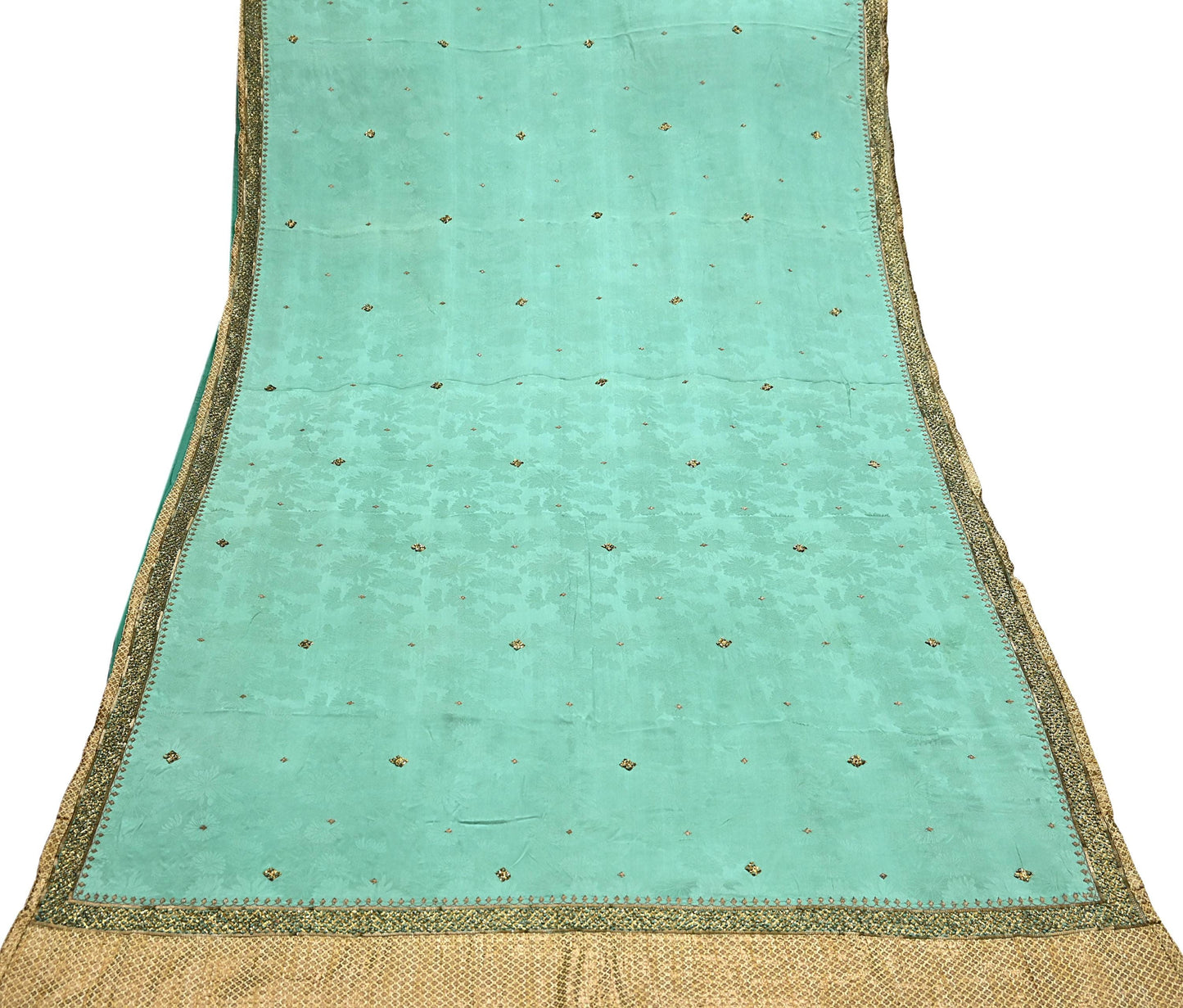 Indian Vintage Heavy Sari Sage Green Pure Crepe Silk Hand Embroidered Sarees Craft Fabric 6Yd Sewing Zardozi Dress making