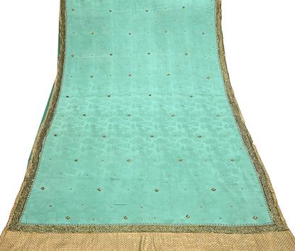 Indian Vintage Heavy Sari Sage Green Pure Crepe Silk Hand Embroidered Sarees Craft Fabric 6Yd Sewing Zardozi Dress making