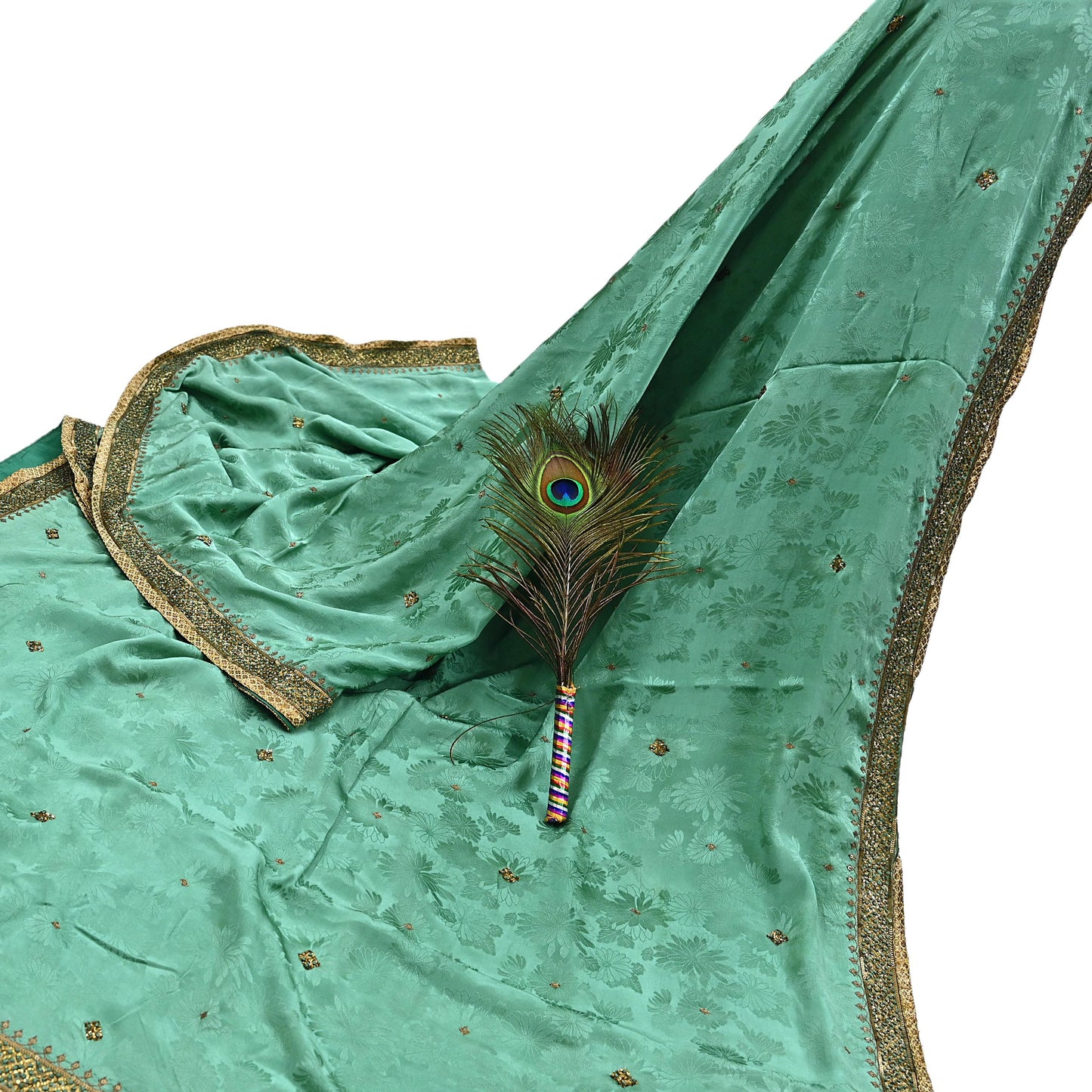 Indian Vintage Heavy Sari Sage Green Pure Crepe Silk Hand Embroidered Sarees Craft Fabric 6Yd Sewing Zardozi Dress making