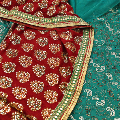 Indian Vintage Heavy Green & Red Saree Georgette Embroidered Sari Craft Fabric 5Yd Sewing Soft Ethnic Zari Dress Making wedding Sari