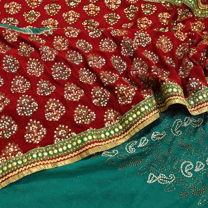 Indian Vintage Heavy Green & Red Saree Georgette Embroidered Sari Craft Fabric 5Yd Sewing Soft Ethnic Zari Dress Making wedding Sari