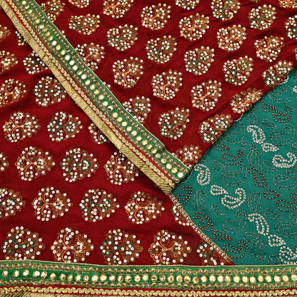 Indian Vintage Heavy Green & Red Saree Georgette Embroidered Sari Craft Fabric 5Yd Sewing Soft Ethnic Zari Dress Making wedding Sari