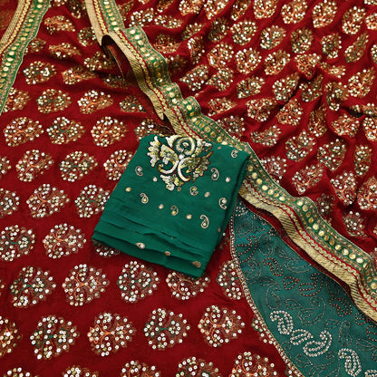 Indian Vintage Heavy Green & Red Saree Georgette Embroidered Sari Craft Fabric 5Yd Sewing Soft Ethnic Zari Dress Making wedding Sari