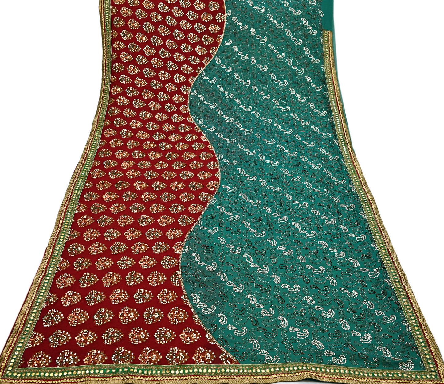Indian Vintage Heavy Green & Red Saree Georgette Embroidered Sari Craft Fabric 5Yd Sewing Soft Ethnic Zari Dress Making wedding Sari