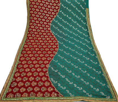 Indian Vintage Heavy Green & Red Saree Georgette Embroidered Sari Craft Fabric 5Yd Sewing Soft Ethnic Zari Dress Making wedding Sari