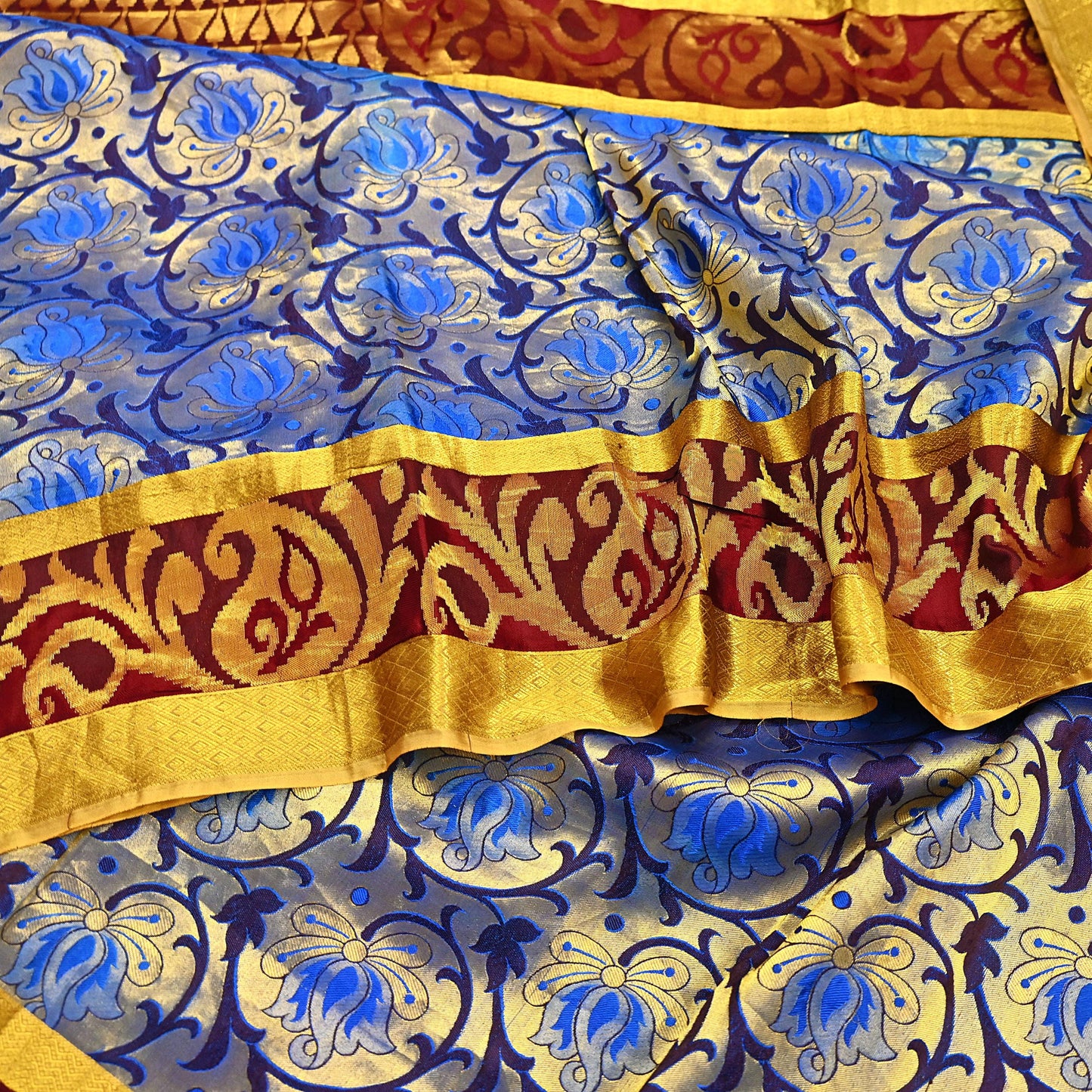 Indian Vintage Heavy Saree Blue & Brown Hand Woven Kanjivaram 100% Pure Silk Sari Craft Fabric 5Yd Ethnic Zari Fringes Dress making Used