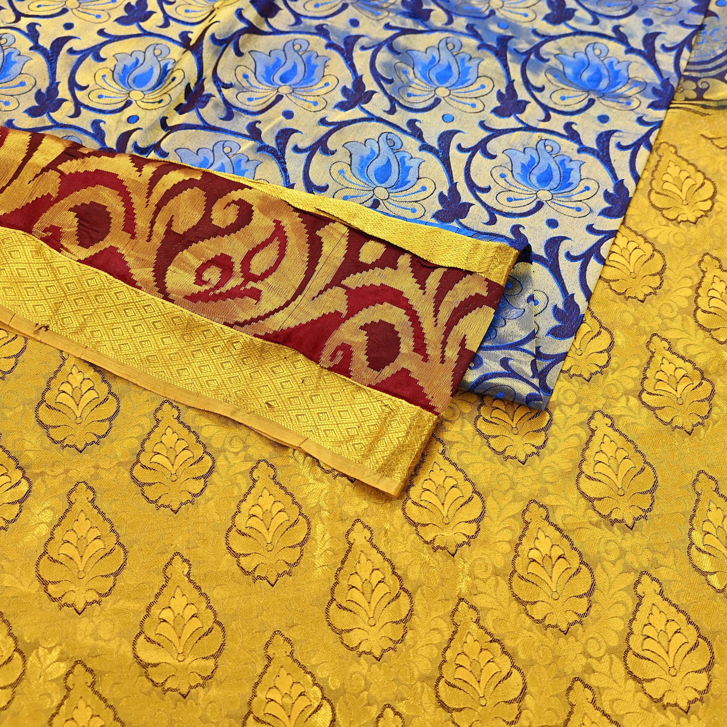 Indian Vintage Heavy Saree Blue & Brown Hand Woven Kanjivaram 100% Pure Silk Sari Craft Fabric 5Yd Ethnic Zari Fringes Dress making Used