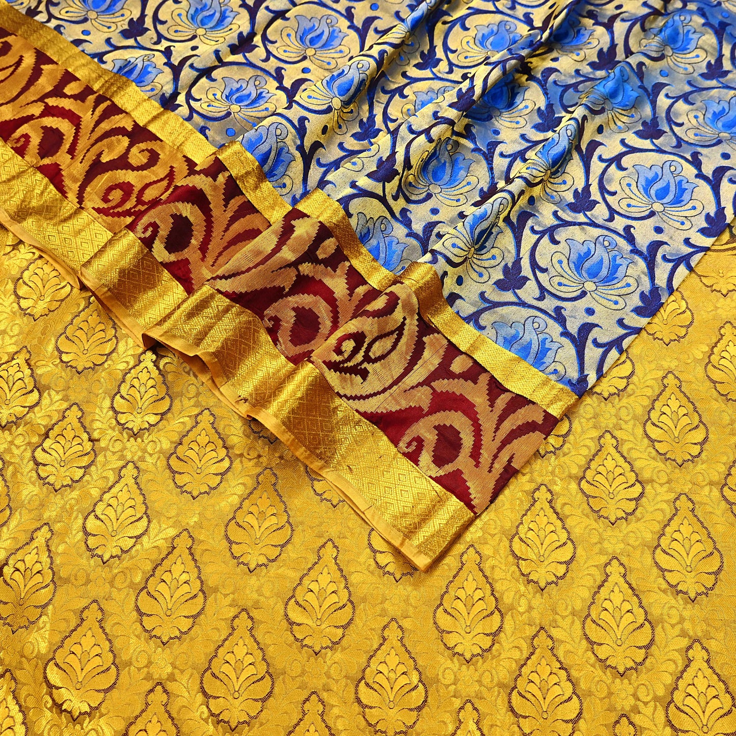 Indian Vintage Heavy Saree Blue & Brown Hand Woven Kanjivaram 100% Pure Silk Sari Craft Fabric 5Yd Ethnic Zari Fringes Dress making Used