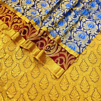 Indian Vintage Heavy Saree Blue & Brown Hand Woven Kanjivaram 100% Pure Silk Sari Craft Fabric 5Yd Ethnic Zari Fringes Dress making Used