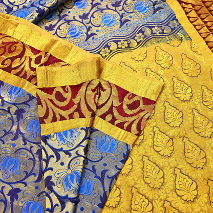 Indian Vintage Heavy Saree Blue & Brown Hand Woven Kanjivaram 100% Pure Silk Sari Craft Fabric 5Yd Ethnic Zari Fringes Dress making Used