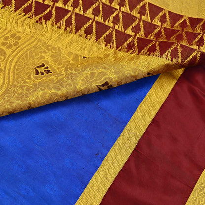Indian Vintage Heavy Saree Blue & Brown Hand Woven Kanjivaram 100% Pure Silk Sari Craft Fabric 5Yd Ethnic Zari Fringes Dress making Used