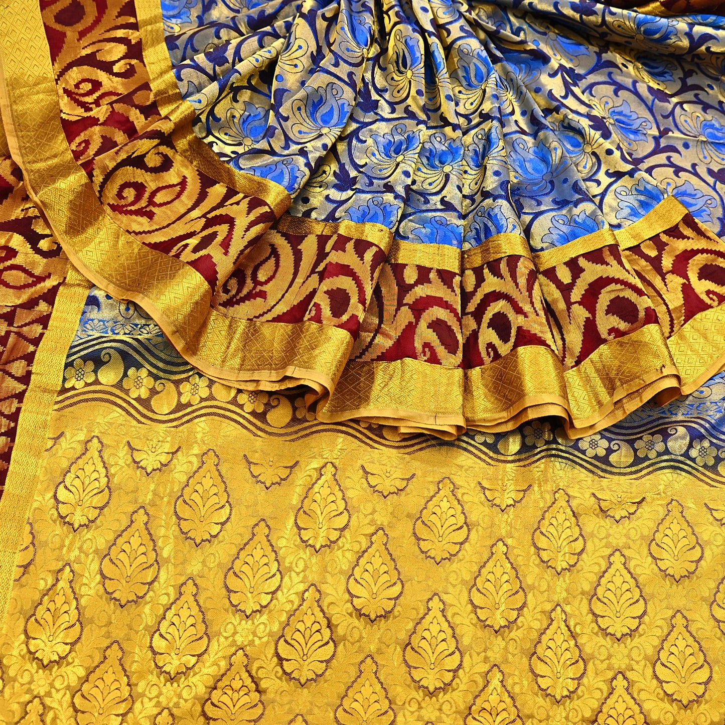 Indian Vintage Heavy Saree Blue & Brown Hand Woven Kanjivaram 100% Pure Silk Sari Craft Fabric 5Yd Ethnic Zari Fringes Dress making Used