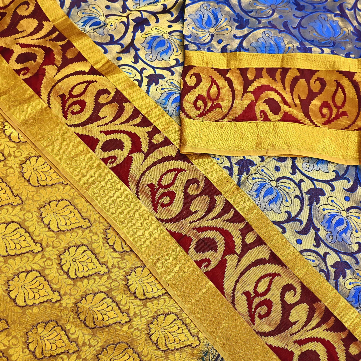 Indian Vintage Heavy Saree Blue & Brown Hand Woven Kanjivaram 100% Pure Silk Sari Craft Fabric 5Yd Ethnic Zari Fringes Dress making Used