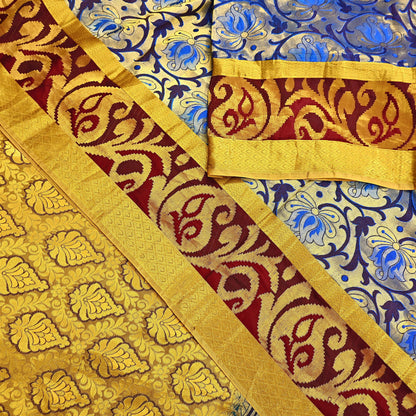 Indian Vintage Heavy Saree Blue & Brown Hand Woven Kanjivaram 100% Pure Silk Sari Craft Fabric 5Yd Ethnic Zari Fringes Dress making Used