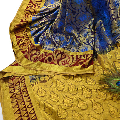 Indian Vintage Heavy Saree Blue & Brown Hand Woven Kanjivaram 100% Pure Silk Sari Craft Fabric 5Yd Ethnic Zari Fringes Dress making Used