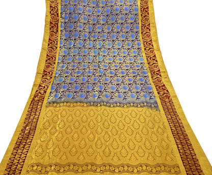 Indian Vintage Heavy Saree Blue & Brown Hand Woven Kanjivaram 100% Pure Silk Sari Craft Fabric 5Yd Ethnic Zari Fringes Dress making Used