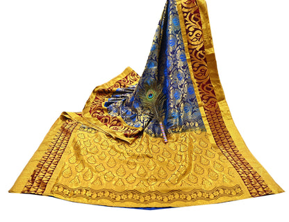 Indian Vintage Heavy Saree Blue & Brown Hand Woven Kanjivaram 100% Pure Silk Sari Craft Fabric 5Yd Ethnic Zari Fringes Dress making Used