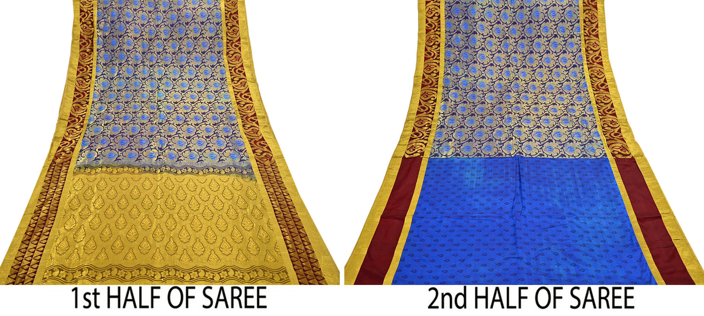 Indian Vintage Heavy Saree Blue & Brown Hand Woven Kanjivaram 100% Pure Silk Sari Craft Fabric 5Yd Ethnic Zari Fringes Dress making Used