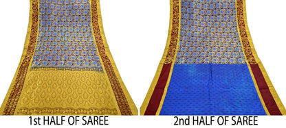 Indian Vintage Heavy Saree Blue & Brown Hand Woven Kanjivaram 100% Pure Silk Sari Craft Fabric 5Yd Ethnic Zari Fringes Dress making Used