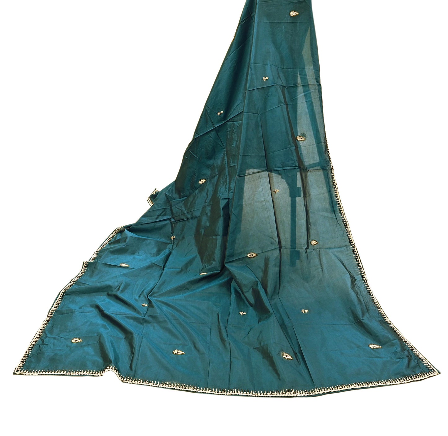 Indian Vintage Dupatta Teal Green Pure Silk Long Stole Hand Embroidered Scarves Floral Design Stole Veil Wrap Zardozi/ dabka
