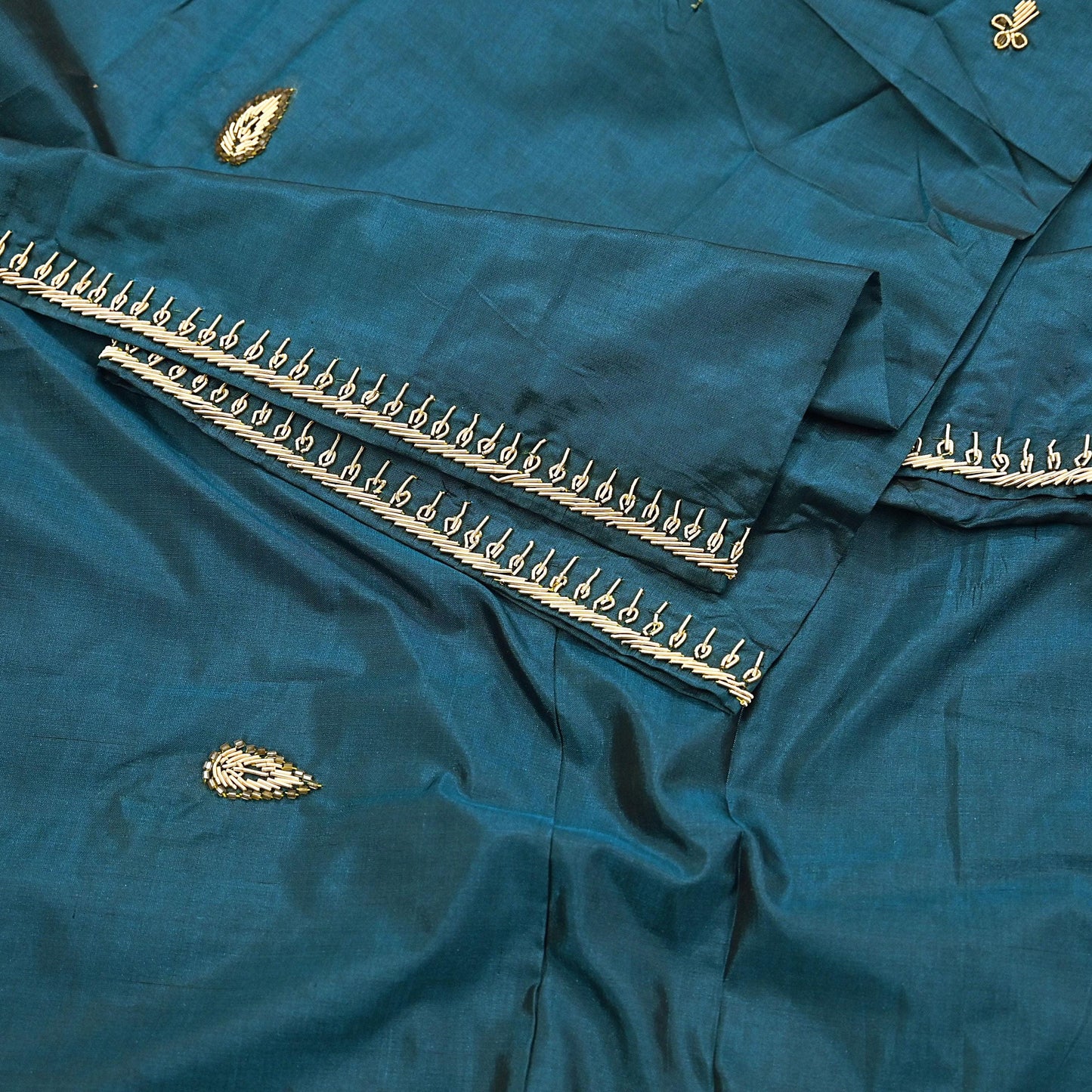 Indian Vintage Dupatta Teal Green Pure Silk Long Stole Hand Embroidered Scarves Floral Design Stole Veil Wrap Zardozi/ dabka