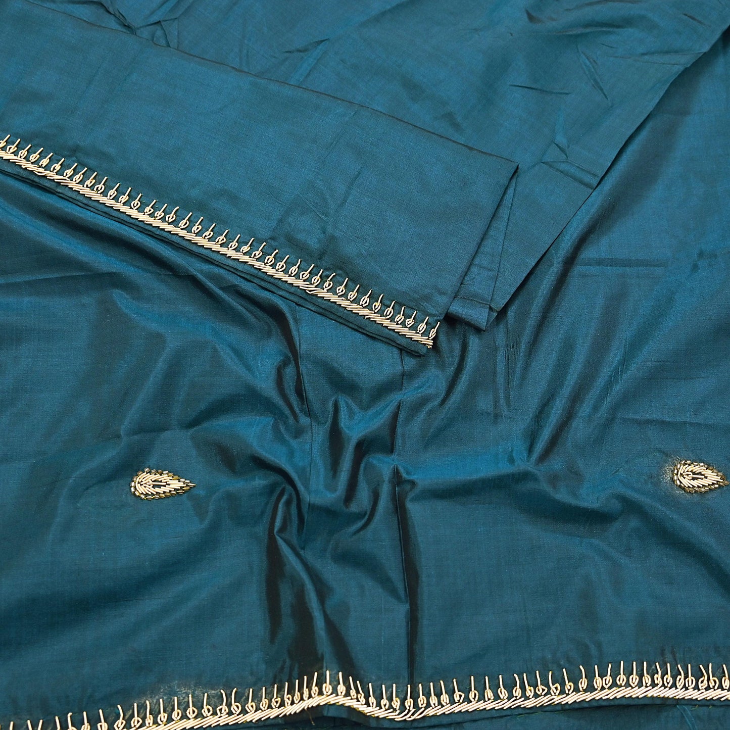 Indian Vintage Dupatta Teal Green Pure Silk Long Stole Hand Embroidered Scarves Floral Design Stole Veil Wrap Zardozi/ dabka