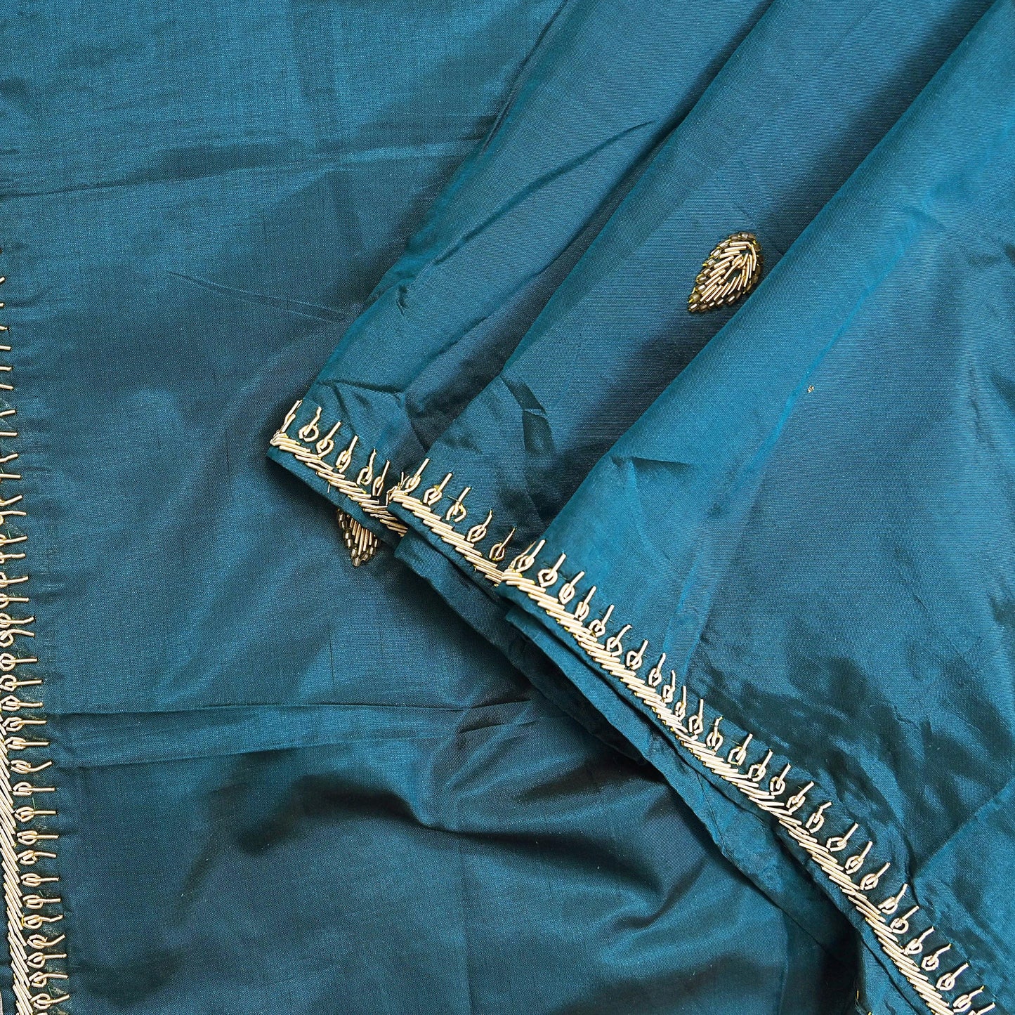 Indian Vintage Dupatta Teal Green Pure Silk Long Stole Hand Embroidered Scarves Floral Design Stole Veil Wrap Zardozi/ dabka