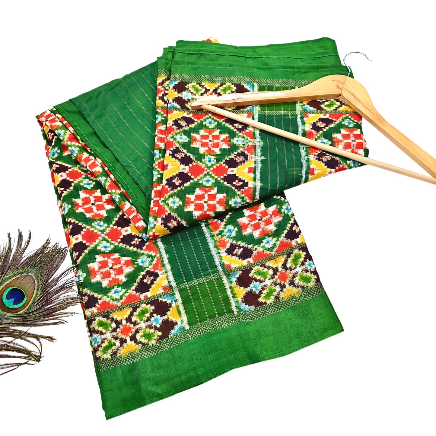 Indian Antique Vintage Green Sari Hand Woven Double Ikat Patan Patola Sarees 100% Pure Silk Craft Fabric 5Yd Dress Making Sewing For wearing