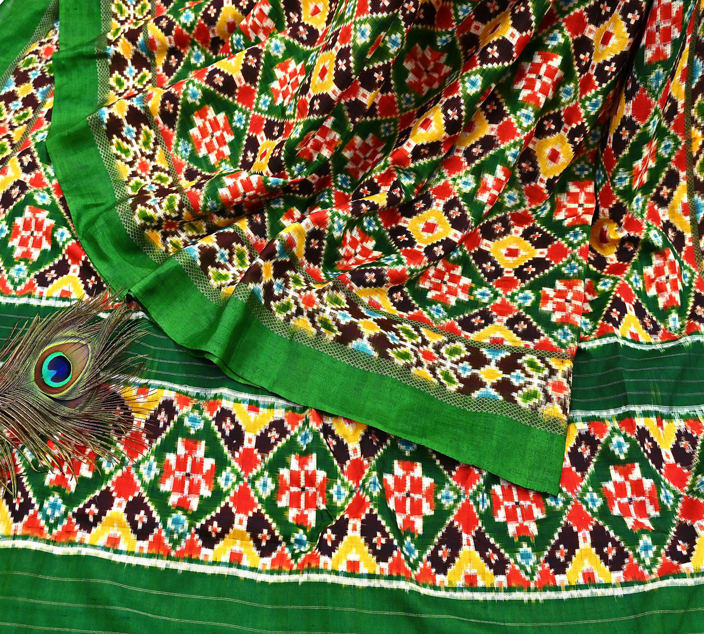 Indian Antique Vintage Green Sari Hand Woven Double Ikat Patan Patola Sarees 100% Pure Silk Craft Fabric 5Yd Dress Making Sewing For wearing