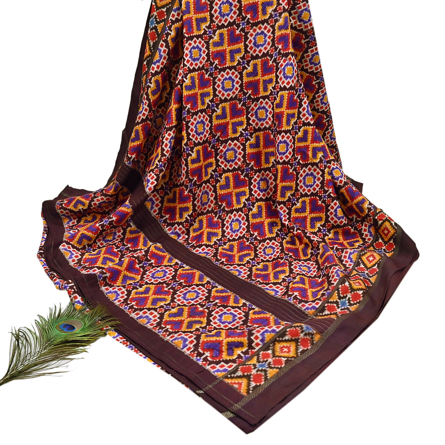 Indian Antique Vintage Brown Sari Hand Woven Double Ikat Patan Patola Sarees 100% Pure Silk Craft Fabric 5Yd Dress Making Sewing For wearing