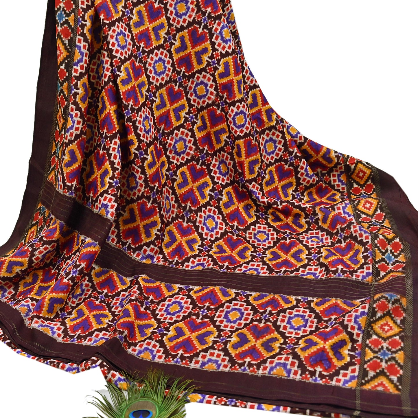 Indian Antique Vintage Brown Sari Hand Woven Double Ikat Patan Patola Sarees 100% Pure Silk Craft Fabric 5Yd Dress Making Sewing For wearing